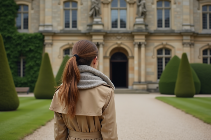 Jeune femme en trench et écharpe devant un château français
