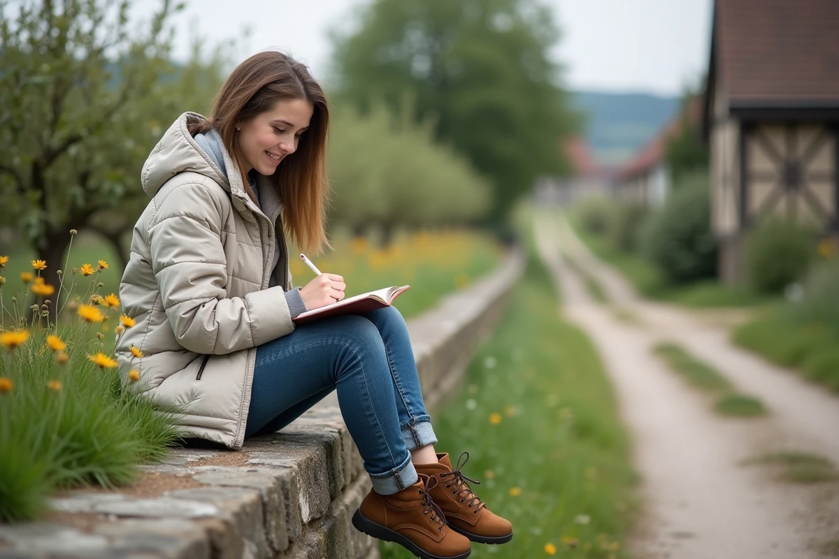 Jeune femme dessinant sur un mur en campagne près de Pennedepie