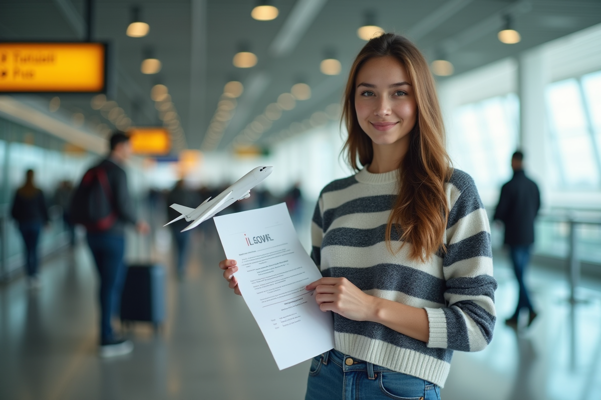 Jeune femme tenant documents et modele avion dehors