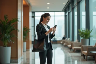 Jeune femme d'affaires souriante dans un lobby moderne