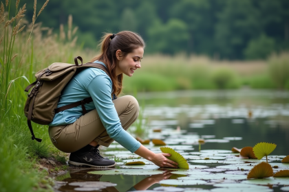 Jeune femme en randonnée touchant des nénuphars au bord d'un étang