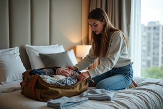 Jeune femme organisant ses vêtements dans une valise à l'hôtel