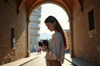Jeune femme devant la tour de Pise dans une rue pavée