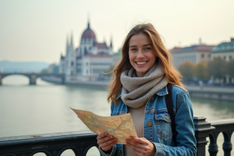 Jeune femme souriante sur le pont Chain à Budapest