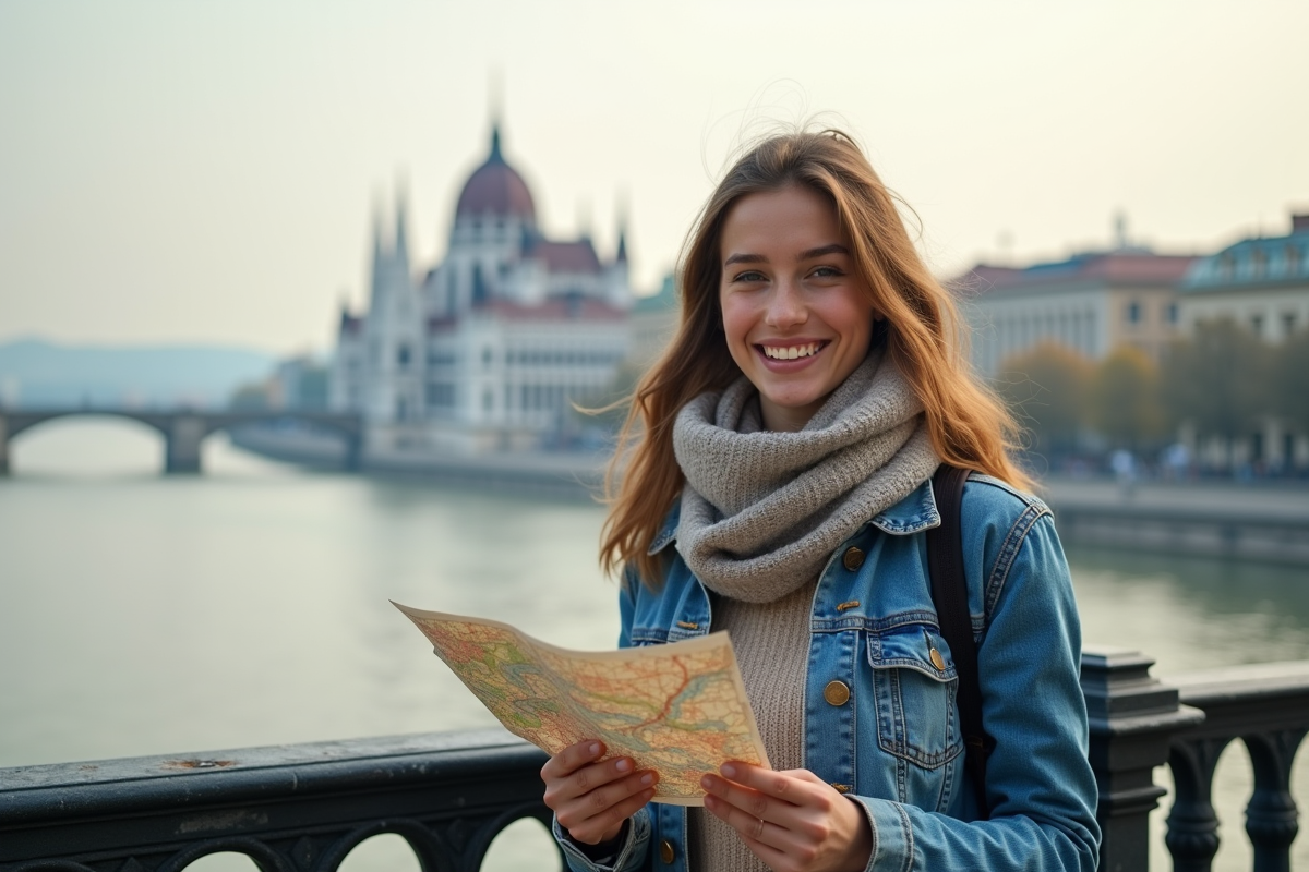 Jeune femme souriante sur le pont Chain à Budapest