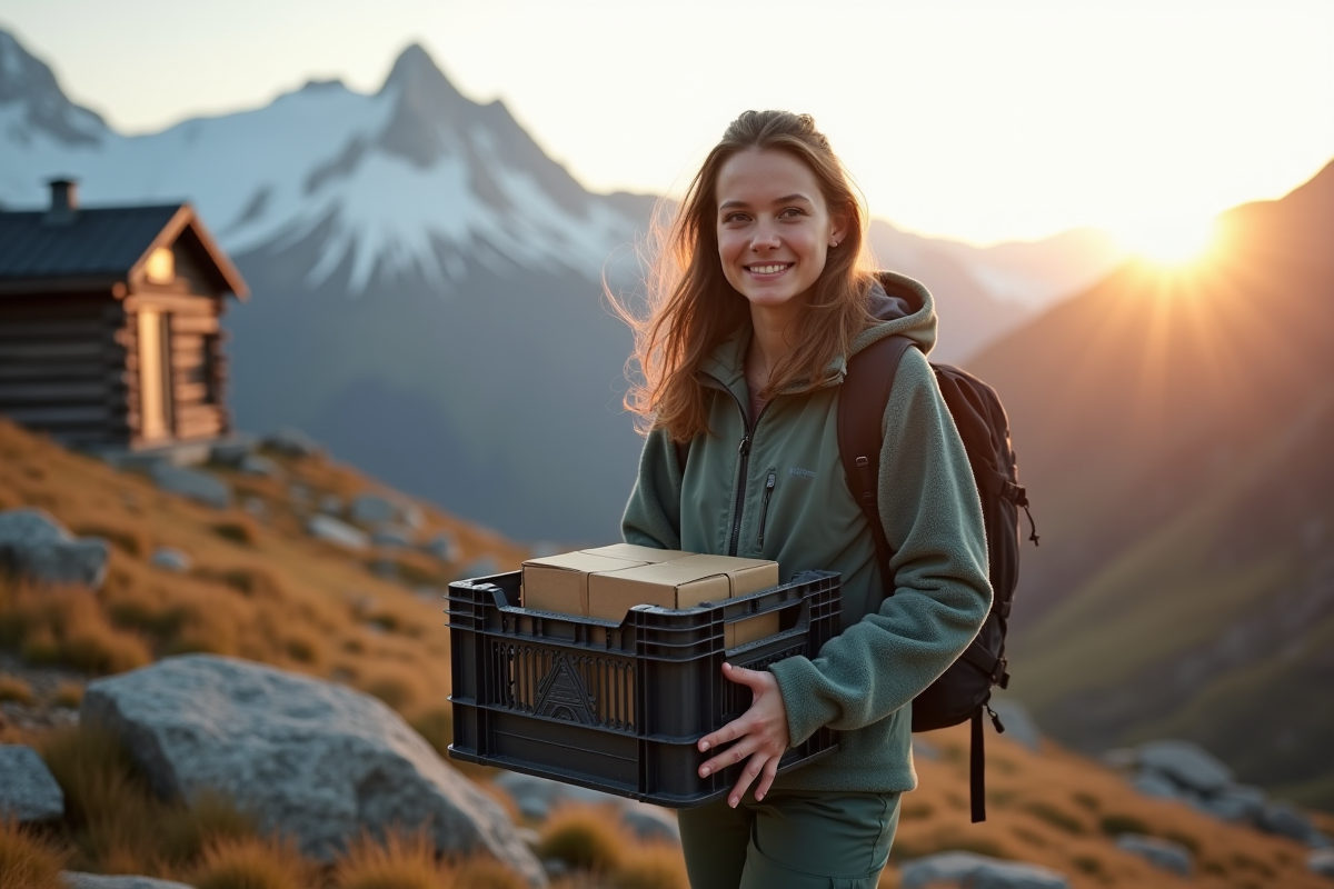 Jeune femme portant des fournitures près d’un refuge en montagne