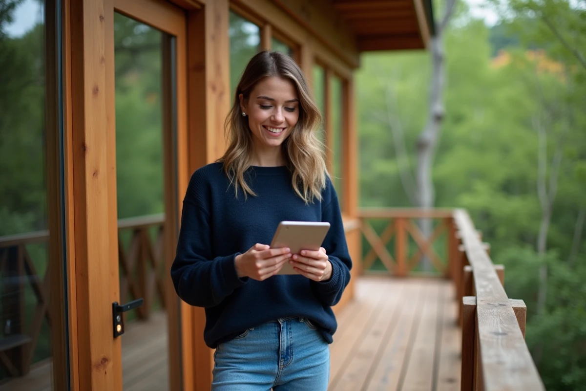 Jeune femme avec tablette sur terrasse de maison arbre