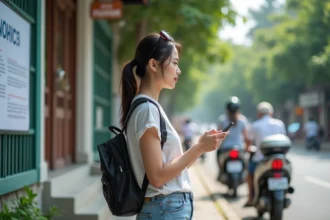 Jeune femme avec sac à dos regardant notice en Thaïlande