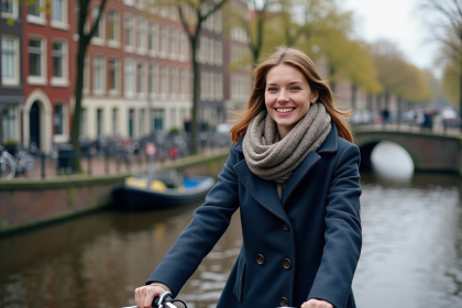 Jeune femme en vélo dans un canal d'Amsterdam