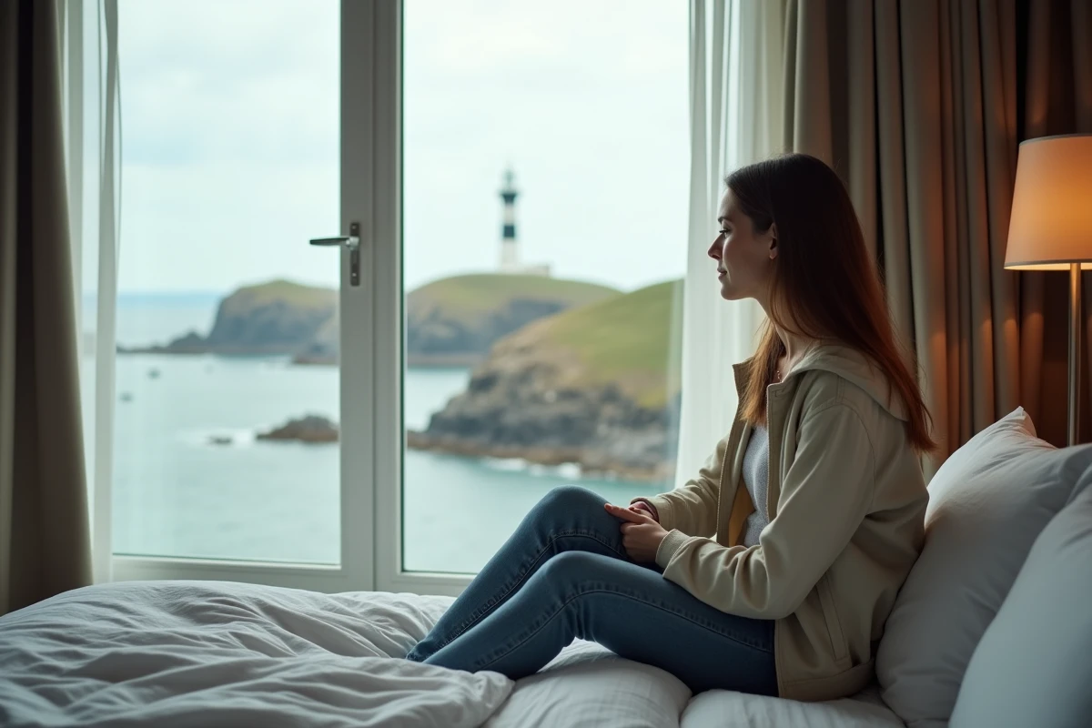 Jeune femme regardant la mer dans une chambre moderne