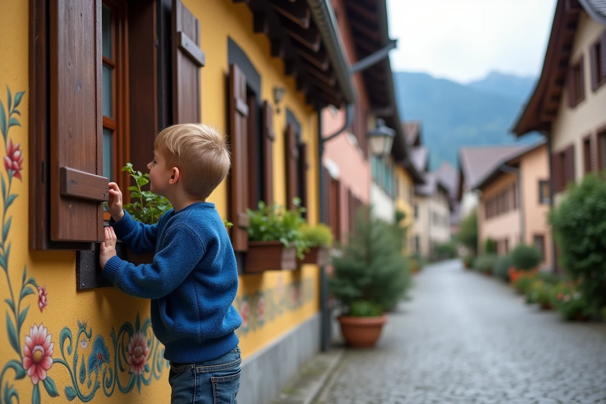 Jeune garçon regardant une maison peinte dans le village