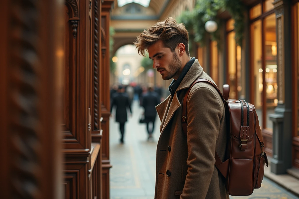Jeune homme examinant une porte ancienne dans la galerie