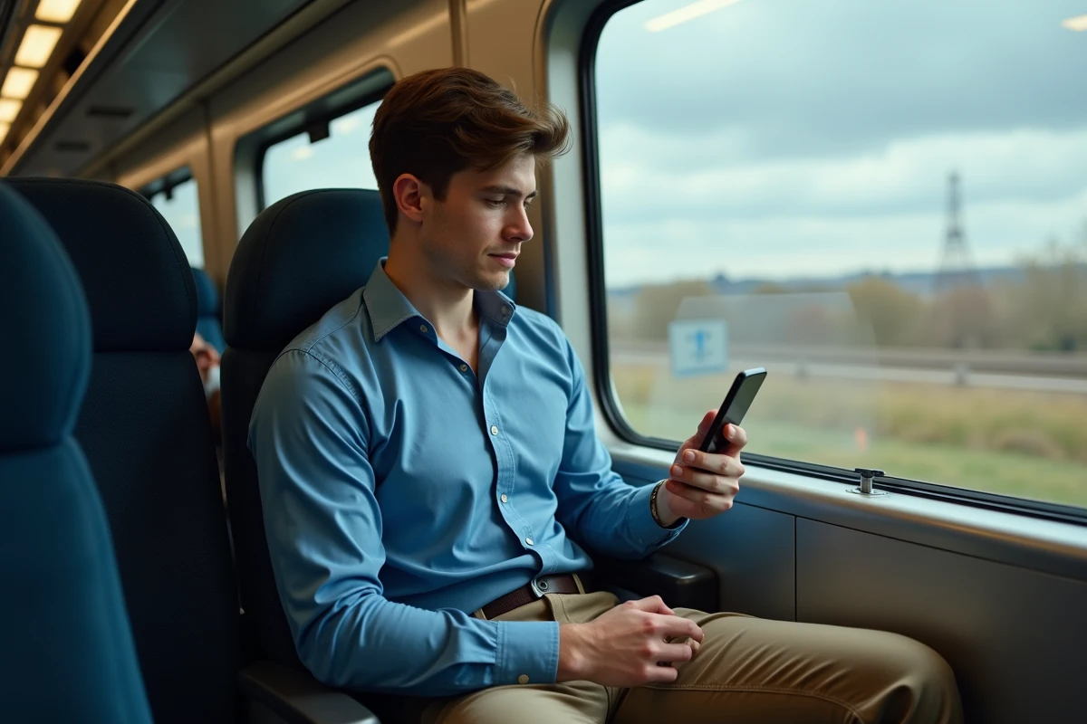 Jeune homme regarde son smartphone dans un train moderne