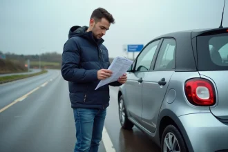 Jeune homme vérifiant ses papiers près d'une voiture au tunnel de Folkestone