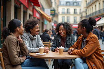 Groupe de jeunes adultes divers autour d'un café parisien