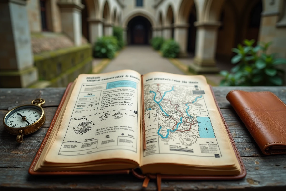 Journal de pèlerin avec notes d'itinéraire Compostelle et calculateur d'étapes posé dans un cloître abbatial