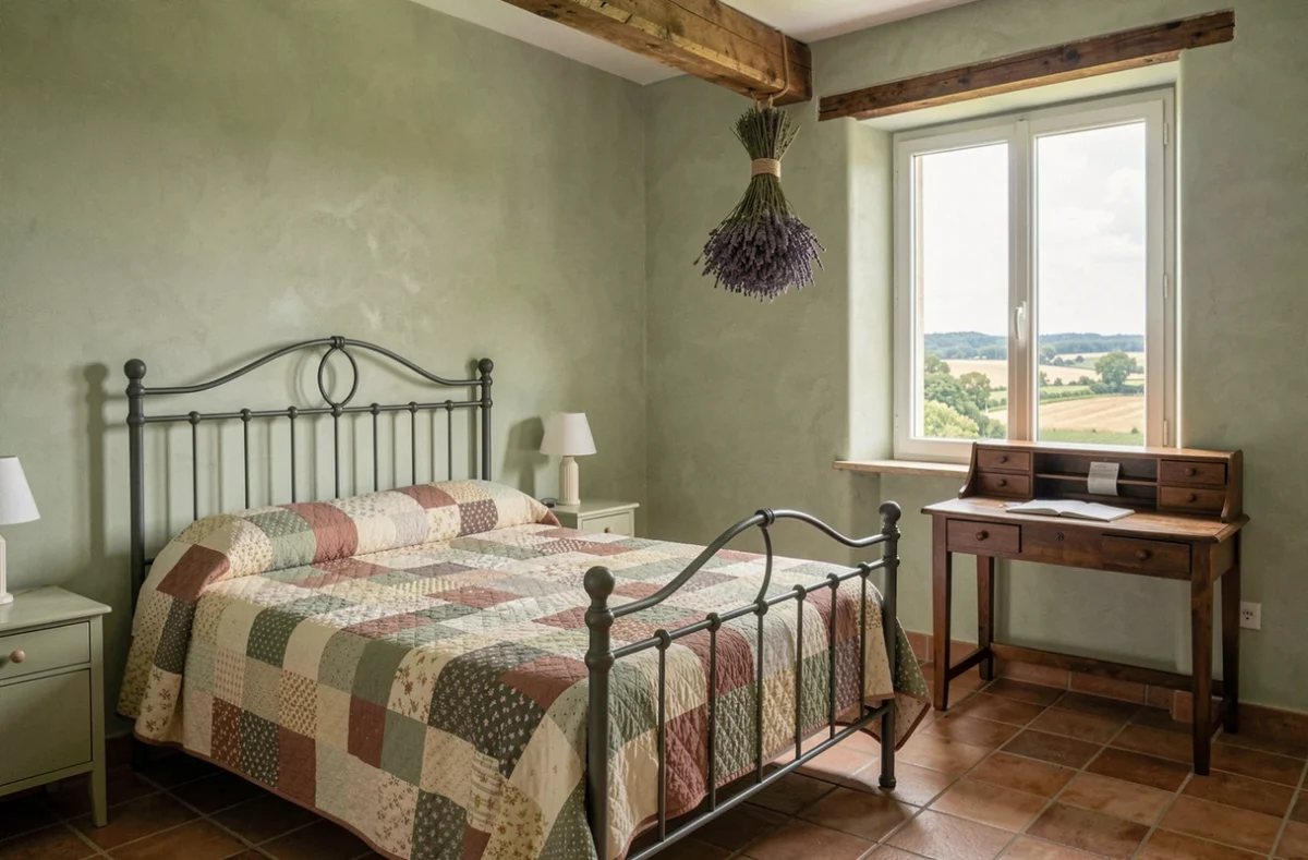 Chambre simple et apaisante du Rezinet à Marcilly-le-Châtel avec lit en fer forgé, courtepointe colorée et vue sur la campagne de la Loire