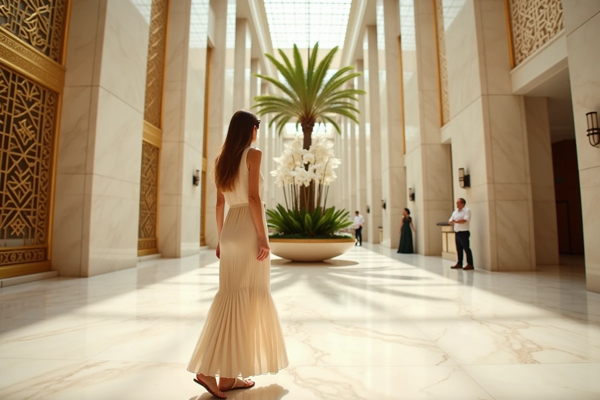 Femme élégante dans le lobby en marbre d'un hôtel cinq étoiles à Dubaï lors d'un voyage Emirates Holidays premium