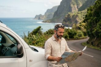 Homme consultant une carte routière appuyé contre un utilitaire blanc garé sur une route côtière de La Réunion