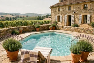 Piscine extérieure d'une location de vacances en Nouvelle-Aquitaine avec terrasse en pierre et vue sur les vignes