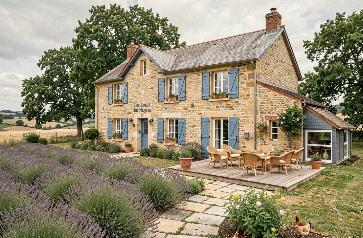 Façade en pierre des Logis de Nantas à Saint-Jean-Bonnefonds avec volets bleus, jardin de lavande et terrasse en bois