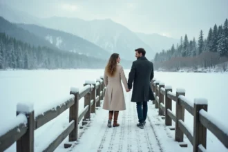 Couple en lune de miel sur un ponton enneigé au bord d'un lac alpin en hiver