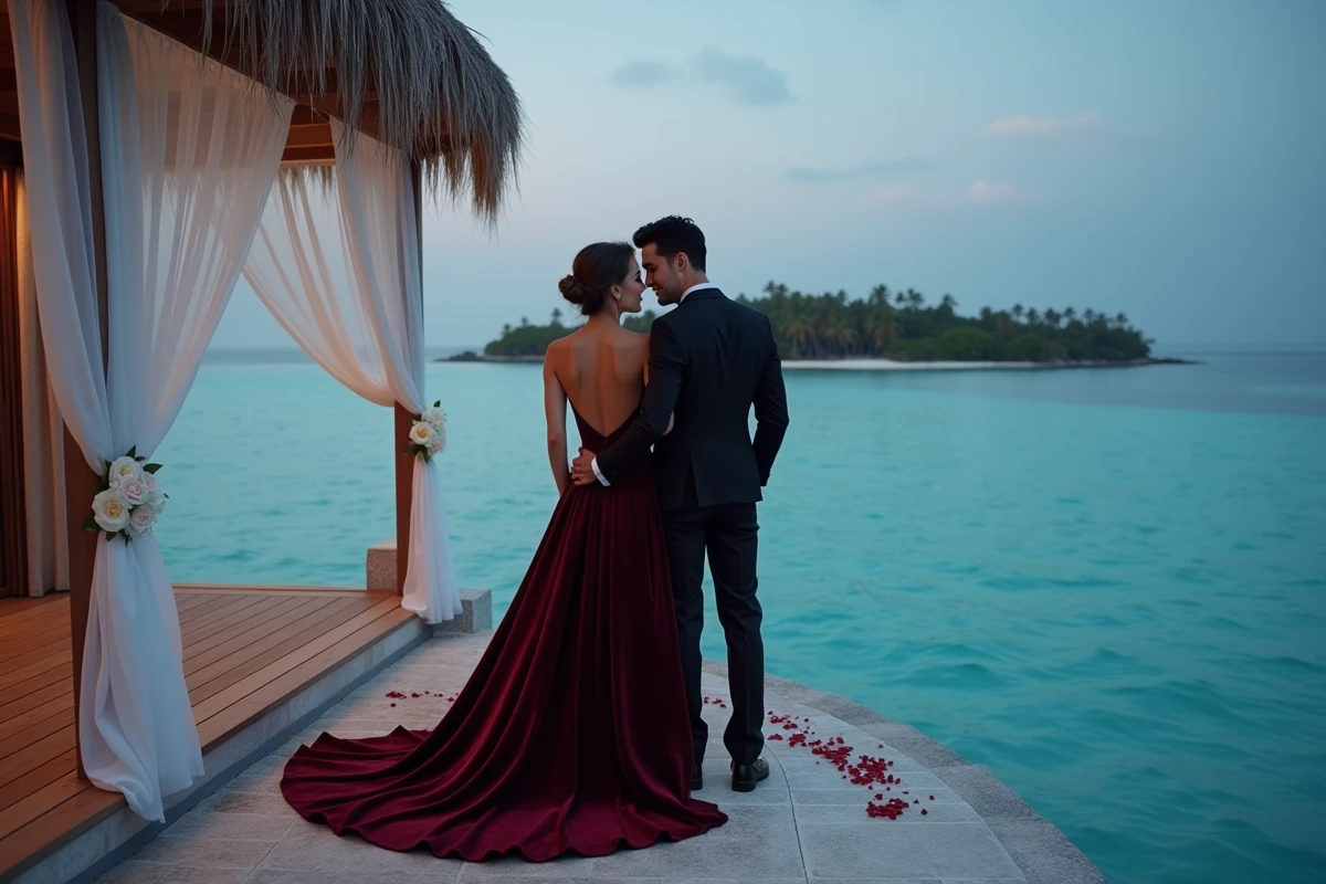 Couple en lune de miel sur une terrasse de bungalow sur l'eau aux Maldives en hiver