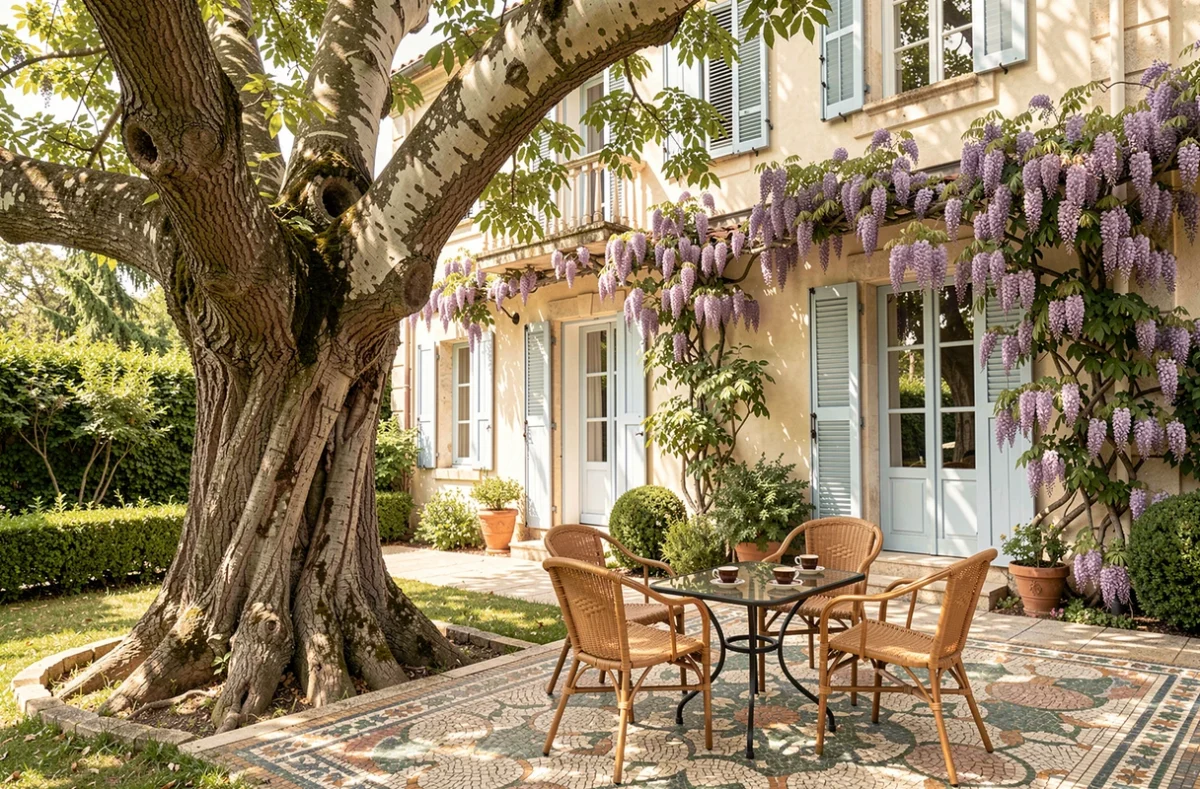 Jardin de La Maison du Frêne à Vence avec son frêne centenaire, terrasse en mosaïque et glycines en fleur sur la façade Belle Époque