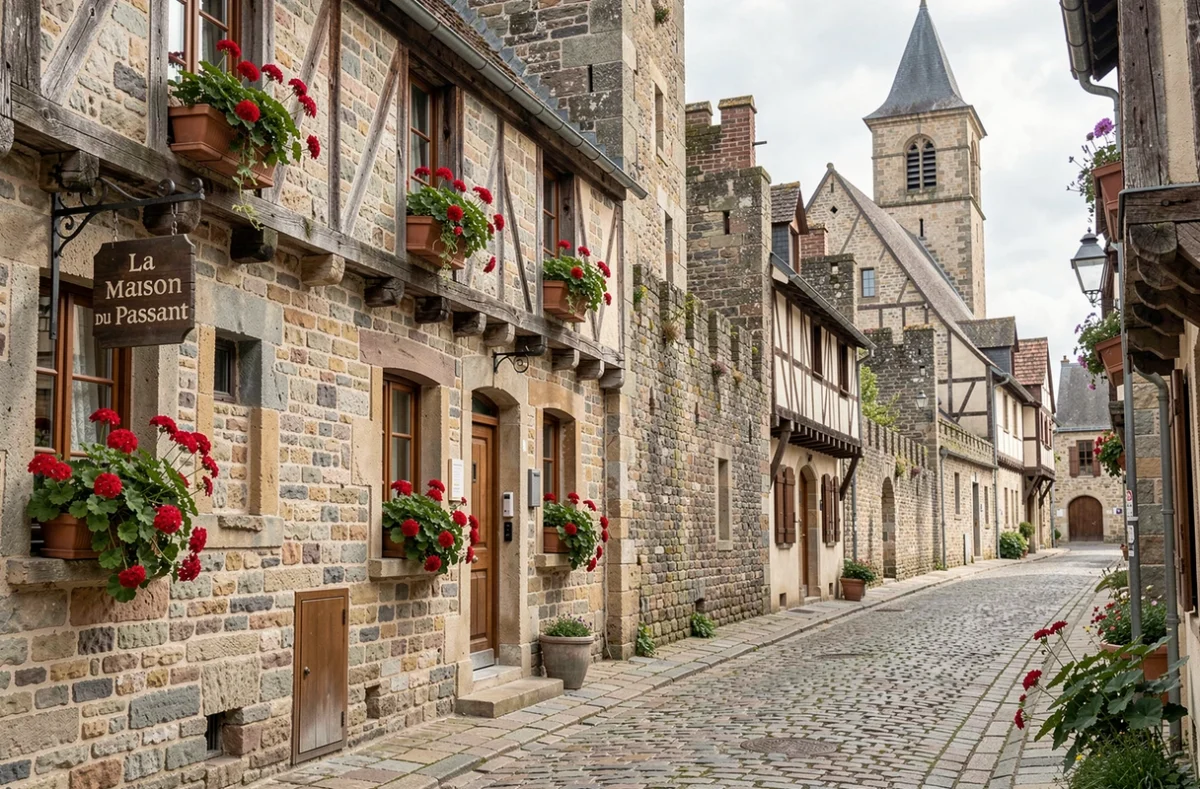 Façade de La Maison du Passant à Saint-Haon-le-Châtel avec murs en pierre médiévaux, jardinières de géraniums et ruelle pavée du village