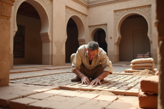 Maçon marocain posant des carreaux en terre cuite dans un riad