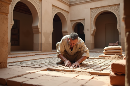 Maçon marocain posant des carreaux en terre cuite dans un riad