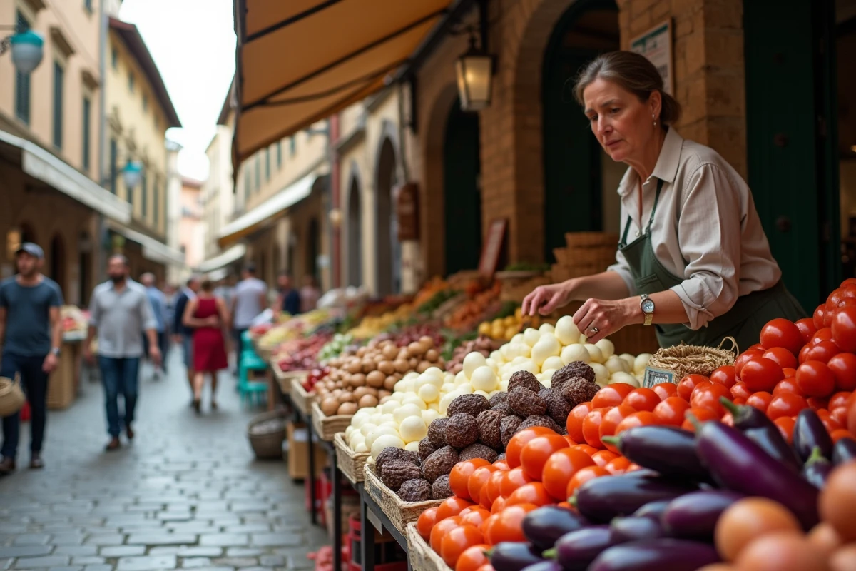 Étal de marché coloré dans les Pouilles avec burrata, légumes frais et figues séchées