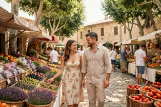 Couple se promenant dans un marché provençal en Vaucluse, entouré de produits locaux colorés comme la lavande et les tomates