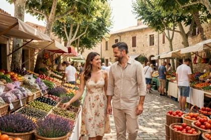 Couple se promenant dans un marché provençal en Vaucluse, entouré de produits locaux colorés comme la lavande et les tomates