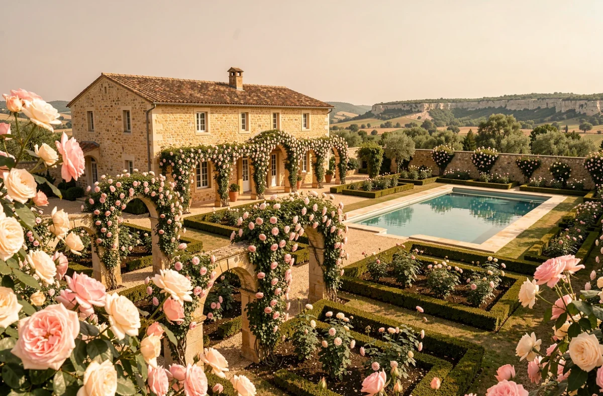 Le Mas de la Rose entre Alpilles et Luberon avec jardins à la française couverts de roses anciennes roses et crème et piscine en pierre