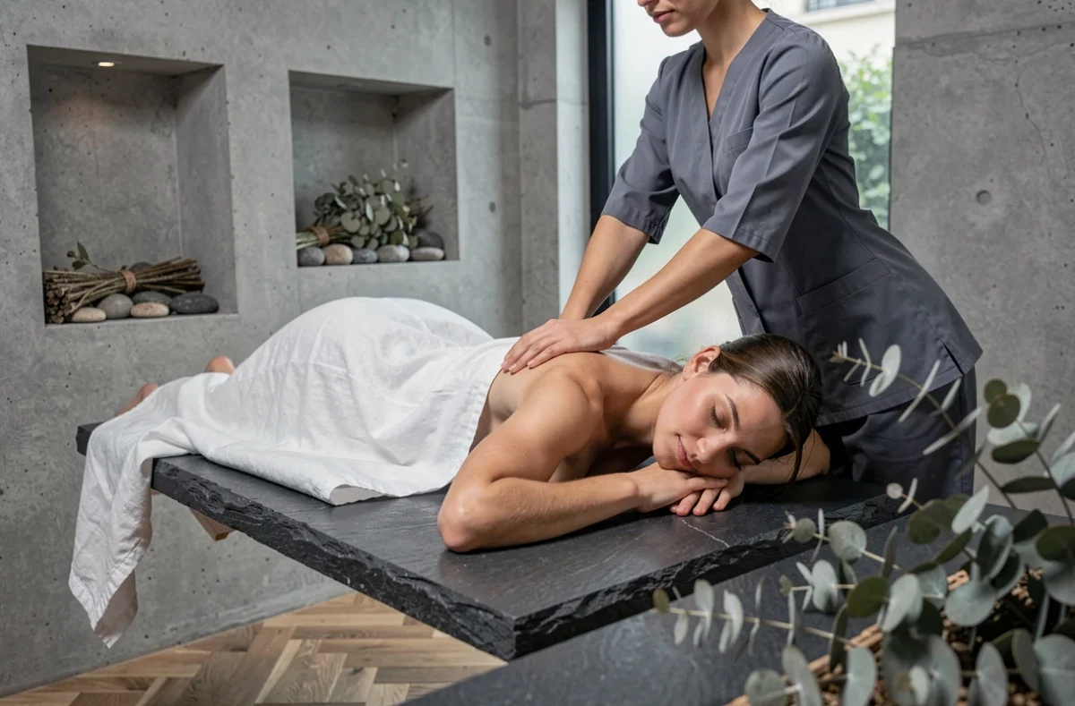 Femme recevant un massage dans un spa d'hôtel parisien haut de gamme avec décor en béton brut et pierre naturelle