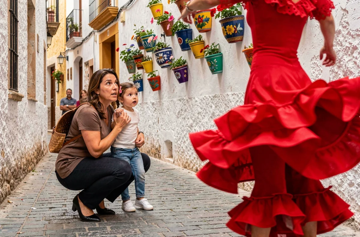 Mère et fille regardant un spectacle de flamenco dans une ruelle colorée du quartier Triana à Séville