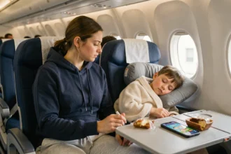 Mère et enfant endormi dans un avion pendant un long vol La Réunion Paris