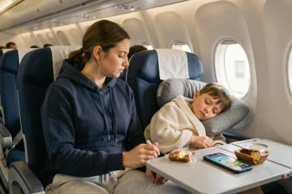 Mère et enfant endormi dans un avion pendant un long vol La Réunion Paris