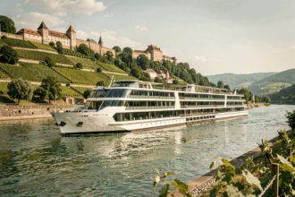Bateau de mini croisière naviguant sur le Rhin avec vignobles en terrasses et châteaux médiévaux en arrière-plan