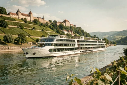 Bateau de mini croisière naviguant sur le Rhin avec vignobles en terrasses et châteaux médiévaux en arrière-plan