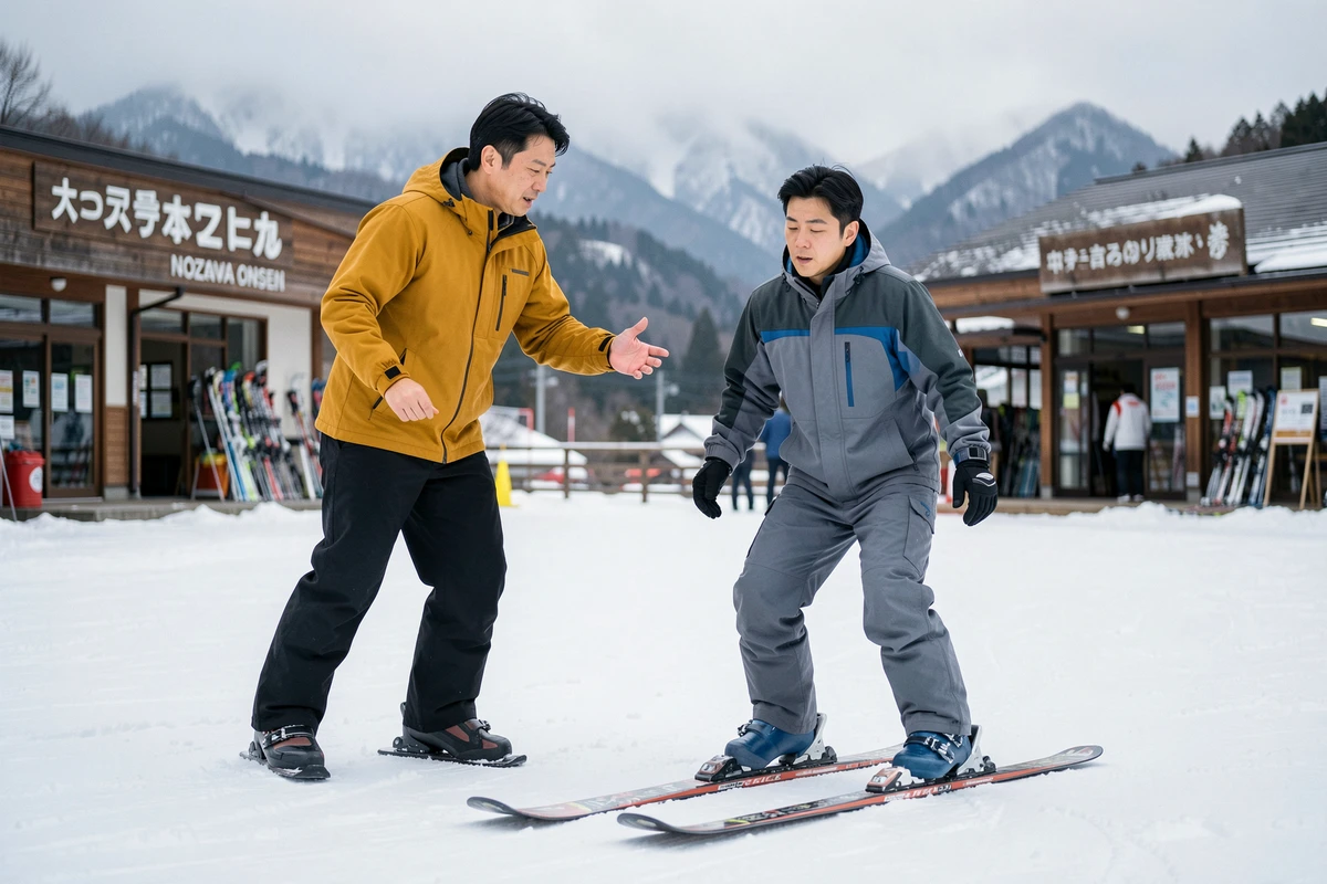 Moniteur de ski japonais donnant une leçon à un adulte débutant au pied des pistes de Nozawa Onsen