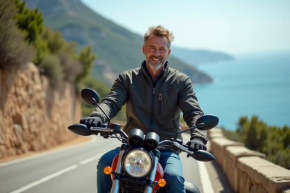 Motard sur une route côtière en Corse avec paysage