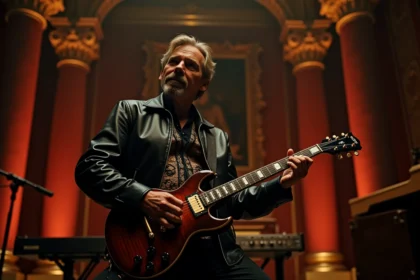 Musicien rock en veste de cuir jouant de la guitare électrique sur une scène baroque ornée de colonnes dorées et de velours