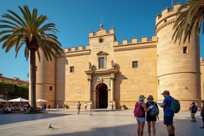 Façade du Palais des Normands à Palerme vue depuis la Piazza Indipendenza avec des touristes en premier plan
