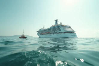 Paquebot de croisière tour du monde naviguant en pleine mer ouverte vu depuis un canot, itinéraire longue durée 2026