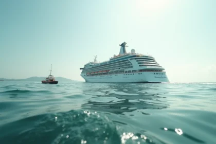 Paquebot de croisière tour du monde naviguant en pleine mer ouverte vu depuis un canot, itinéraire longue durée 2026