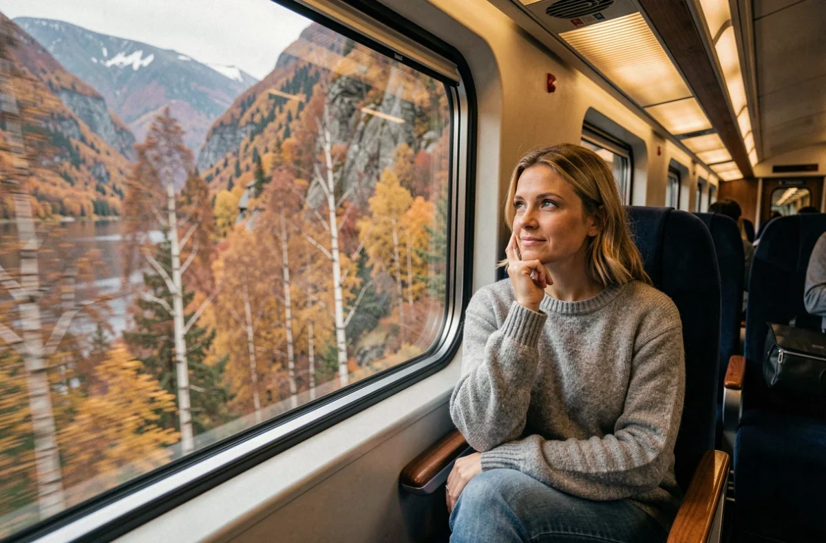 Passagère contemplant le paysage de fjord depuis la fenêtre du train Oslo-Bergen en automne
