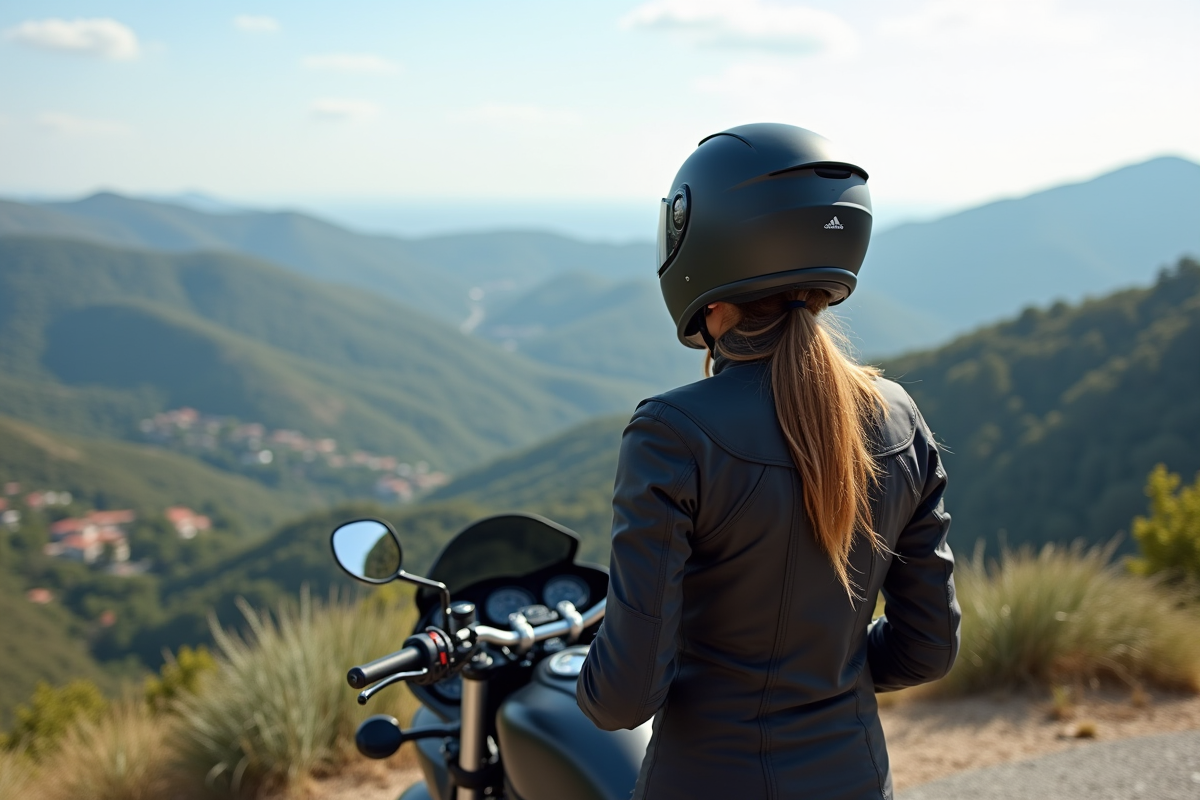 Jeune femme en moto regardant la vue en Corse