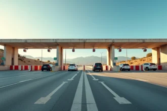 Péage autoroutier espagnol avec barrières et cabines de paiement sur une autoroute à plusieurs voies